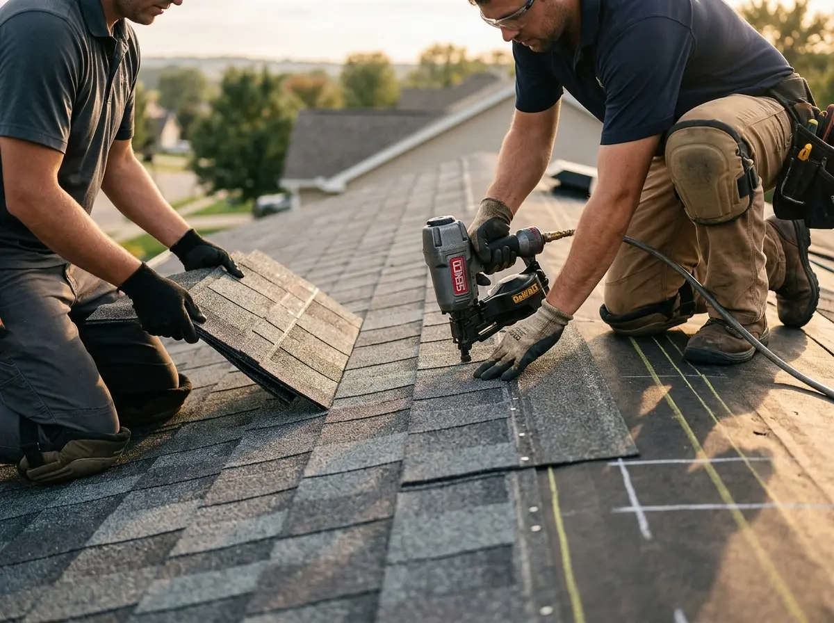 Professional roofer working on a residential roof in Hanahan